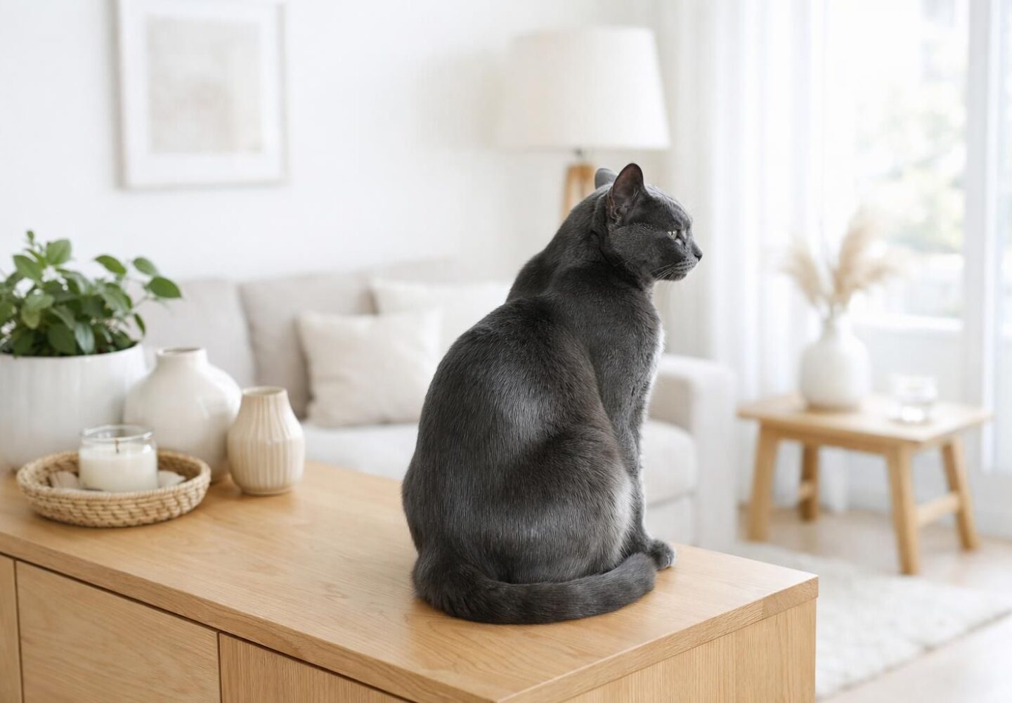 Chat gris au pelage brillant assis dans un salon lumineux