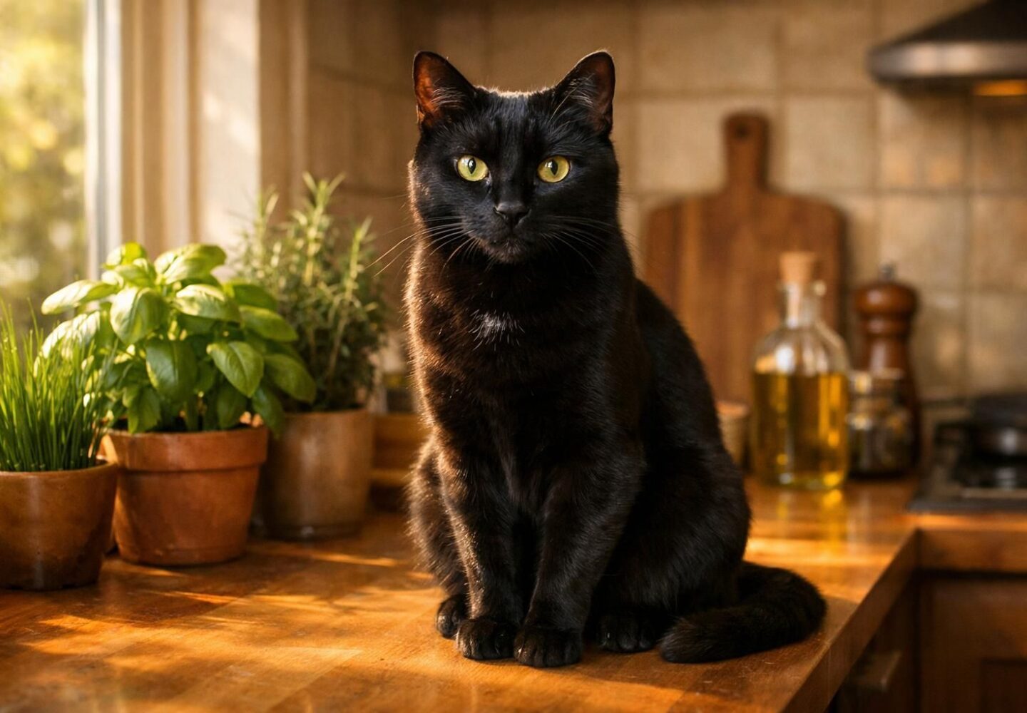 Chat noir en bonne santé assis dans une cuisine ensoleillée