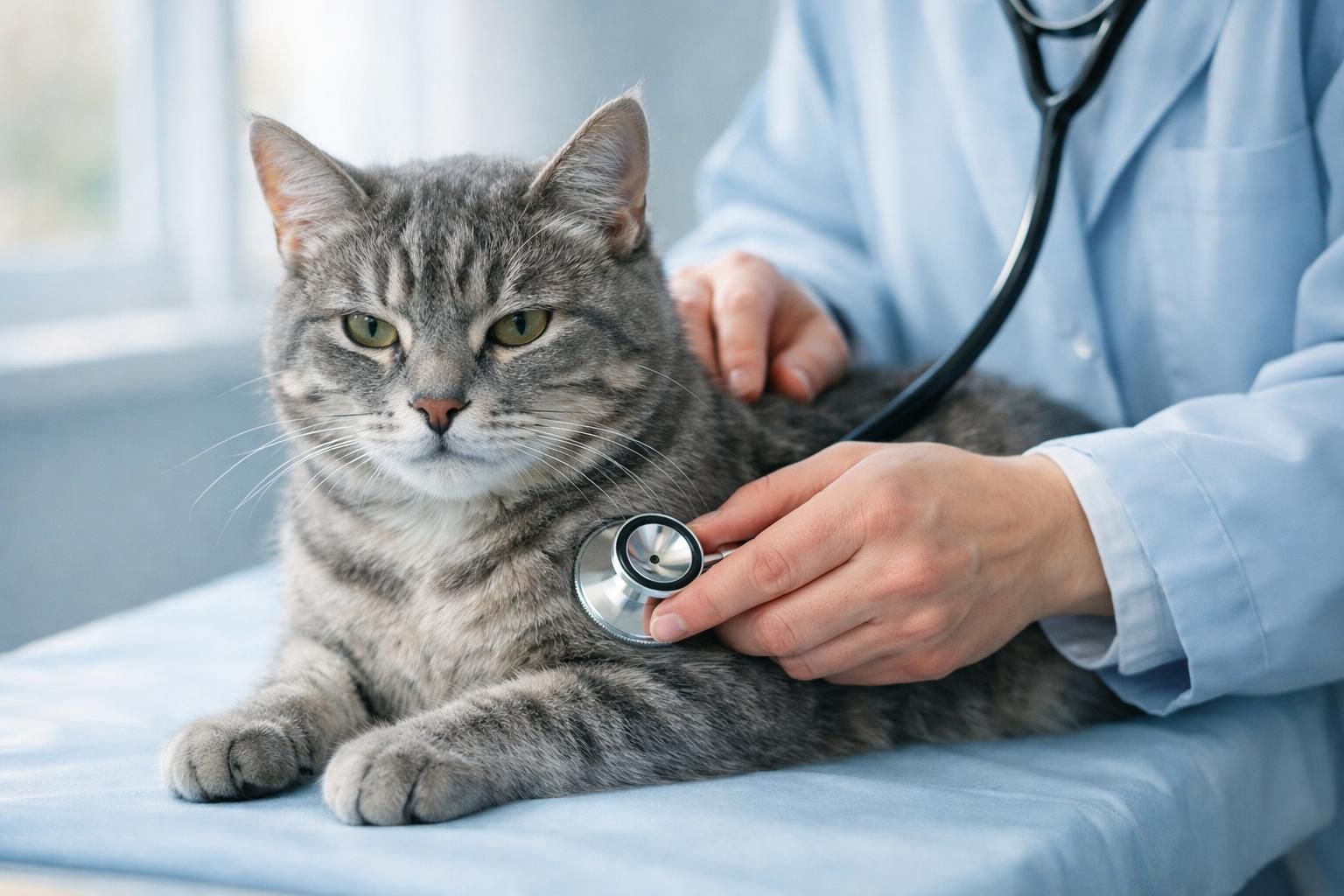 Chat tigré examiné par un vétérinaire avec un stéthoscope