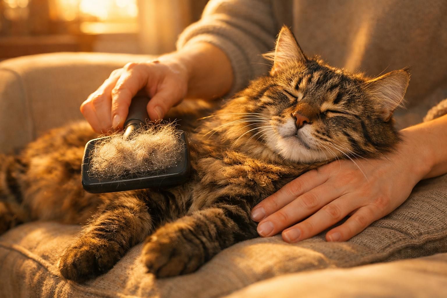 Brossage d'un chat tigré à poils longs pendant la mue