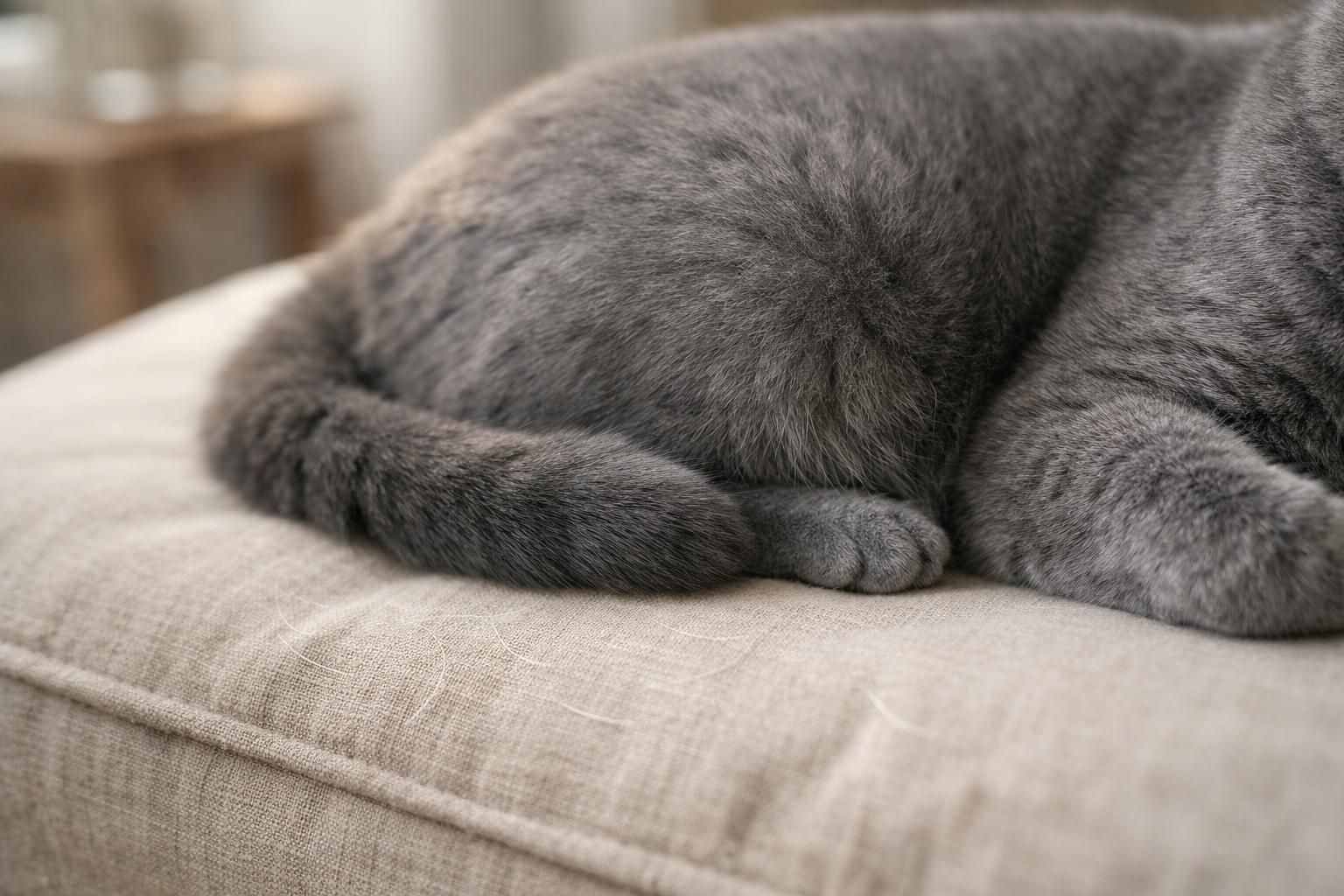 Pelage d'un chat gris pendant la mue, poils perdus sur le canapé