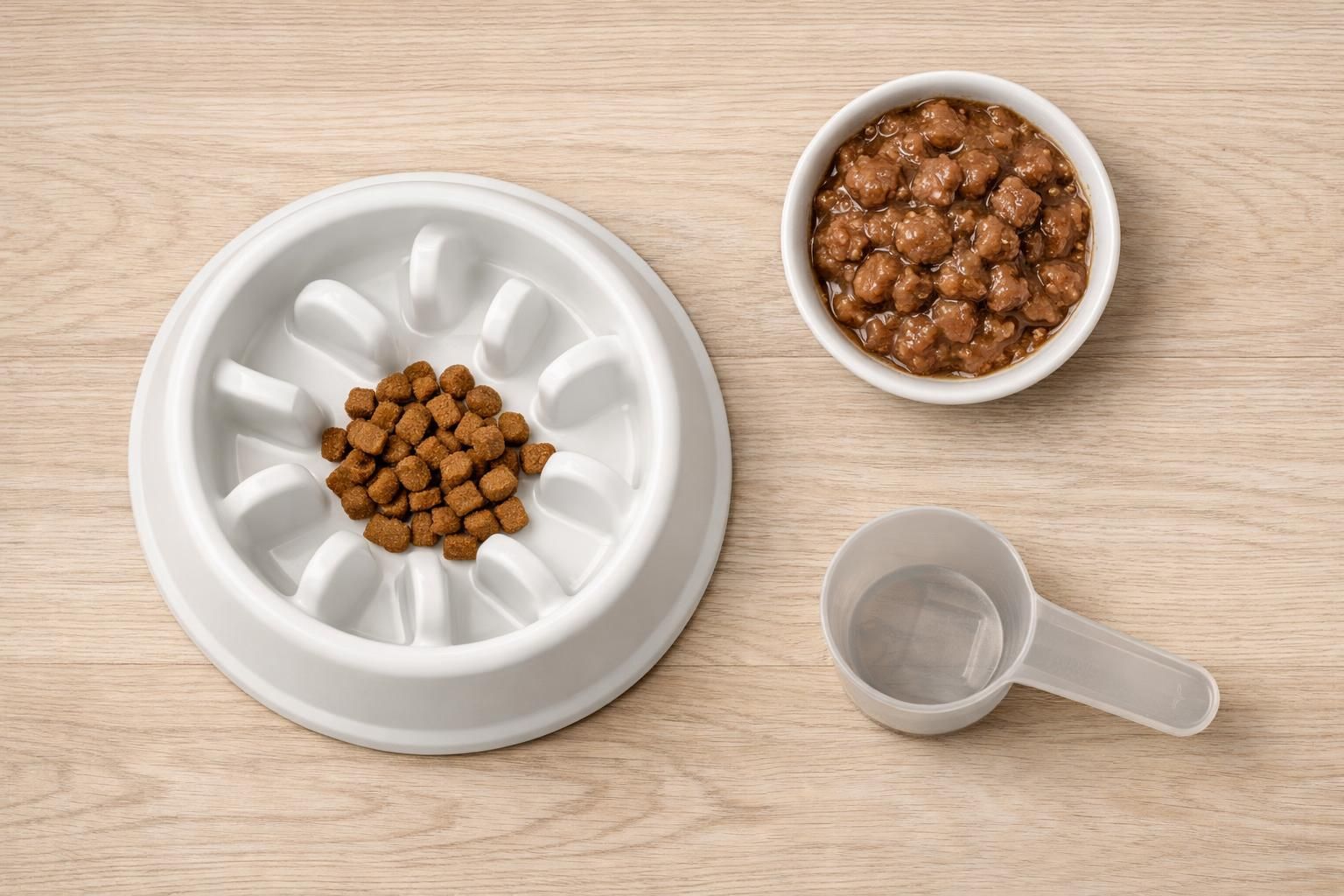 Gamelle anti-glouton avec croquettes et pâtée pour ralentir le repas du chat