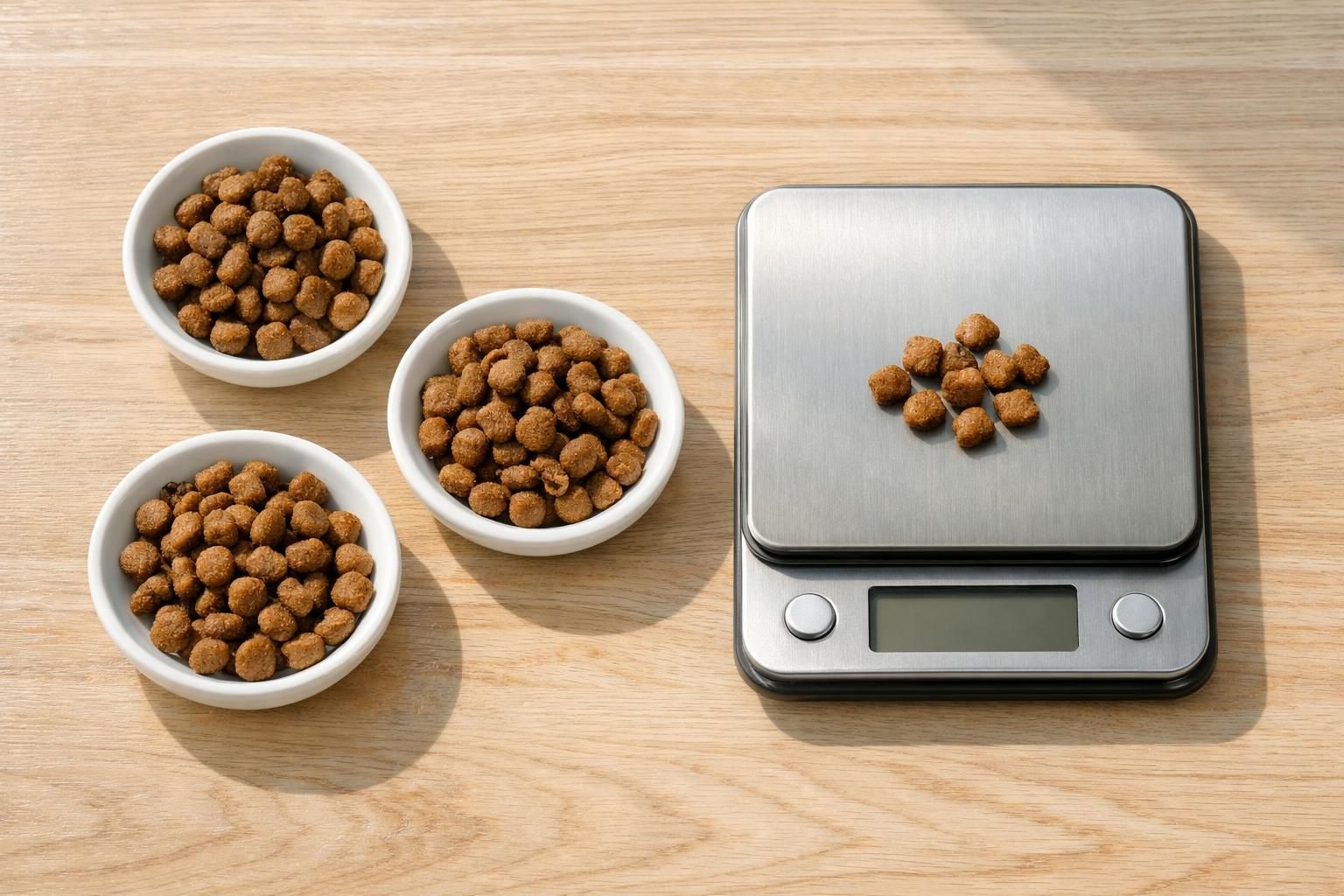 Ration de croquettes du chat pesée et fractionnée en trois petits repas