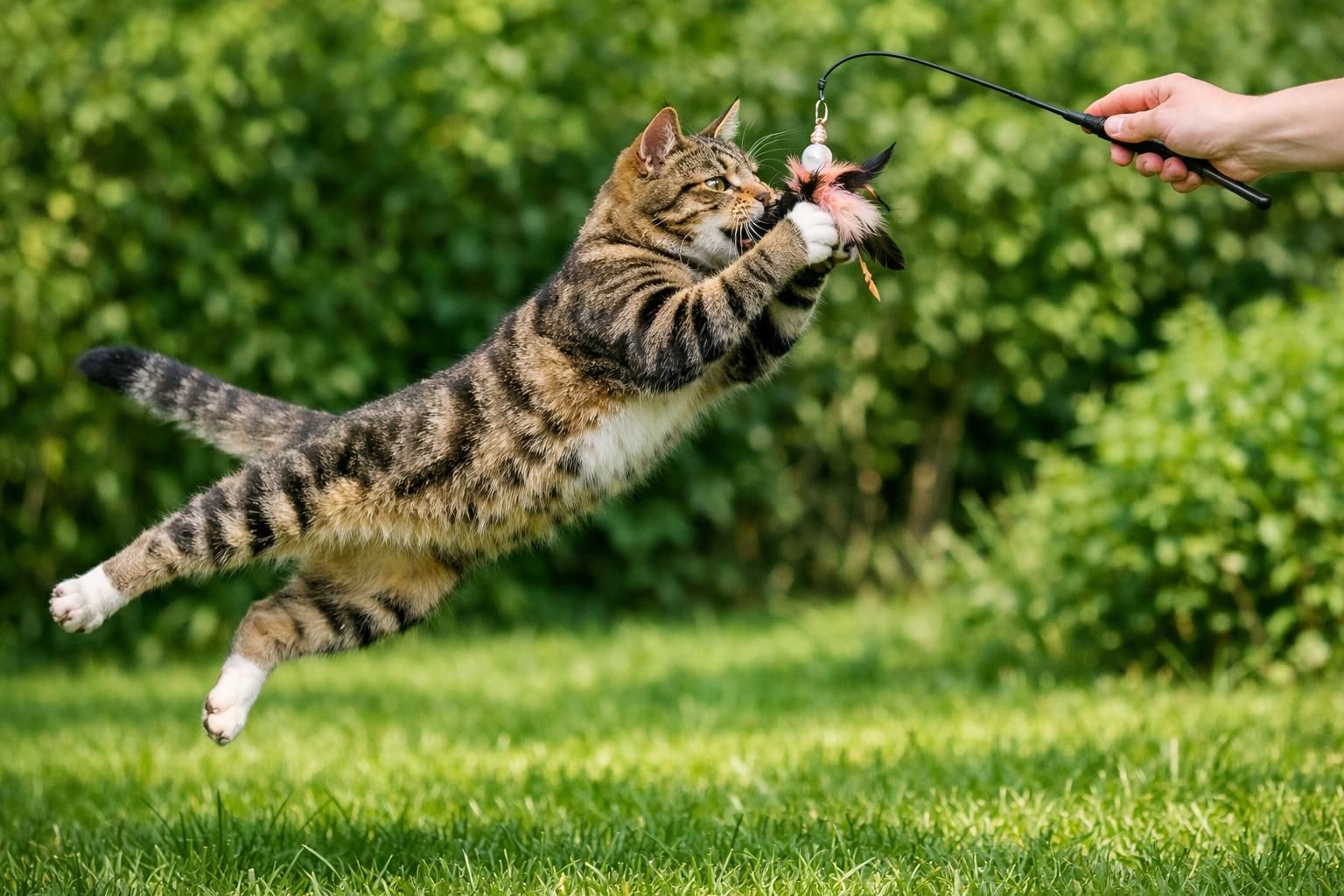 Chat tigré actif qui bondit dans le jardin pour attraper un jouet