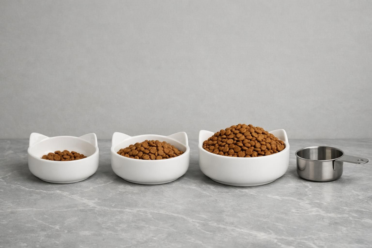 Trois gamelles de croquettes pour chat avec des portions différentes