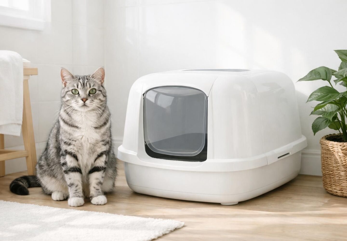 Chat tigré argenté assis près de sa maison de toilette propre