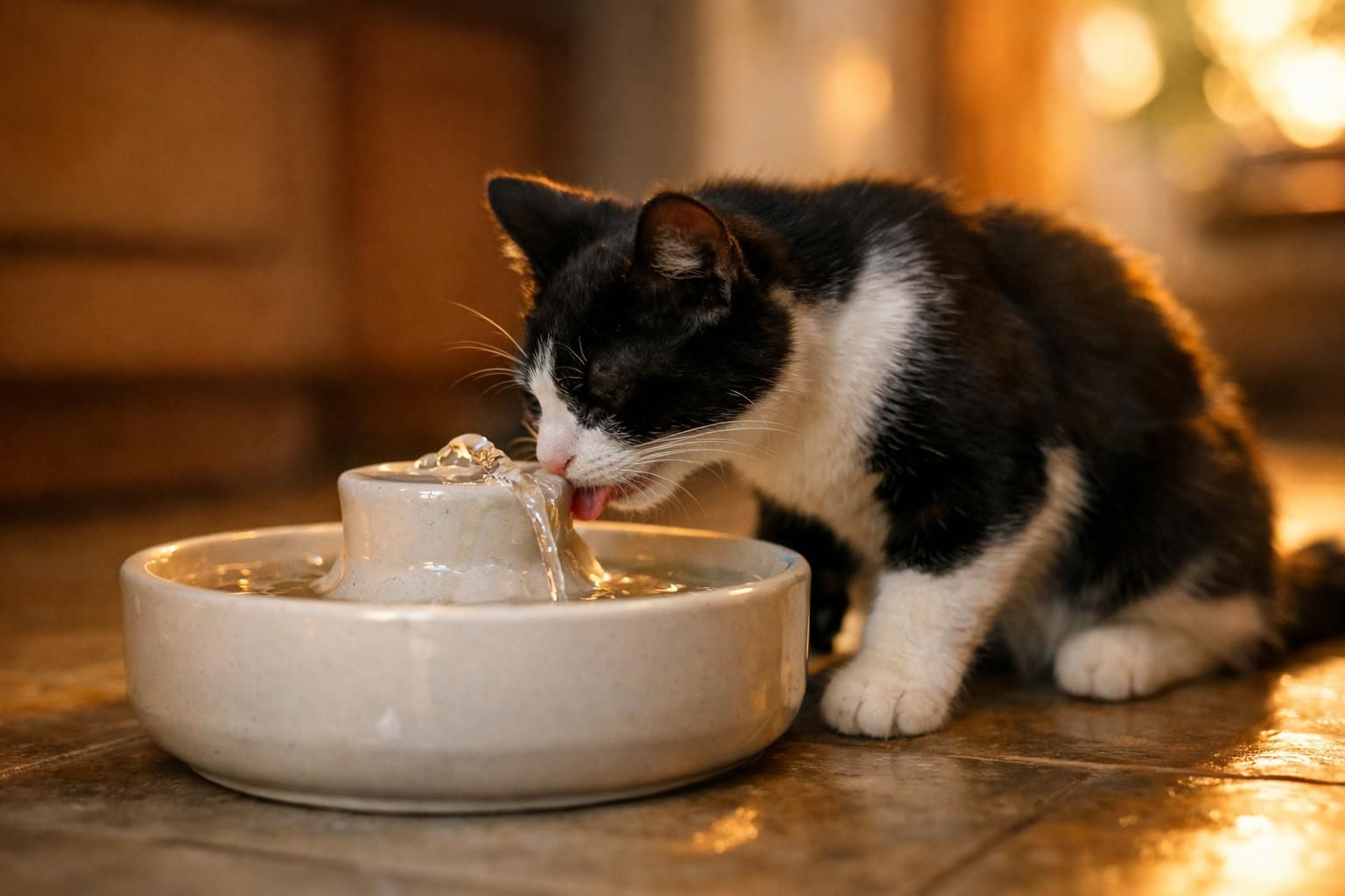 Jeune chat noir et blanc qui boit à une fontaine à eau