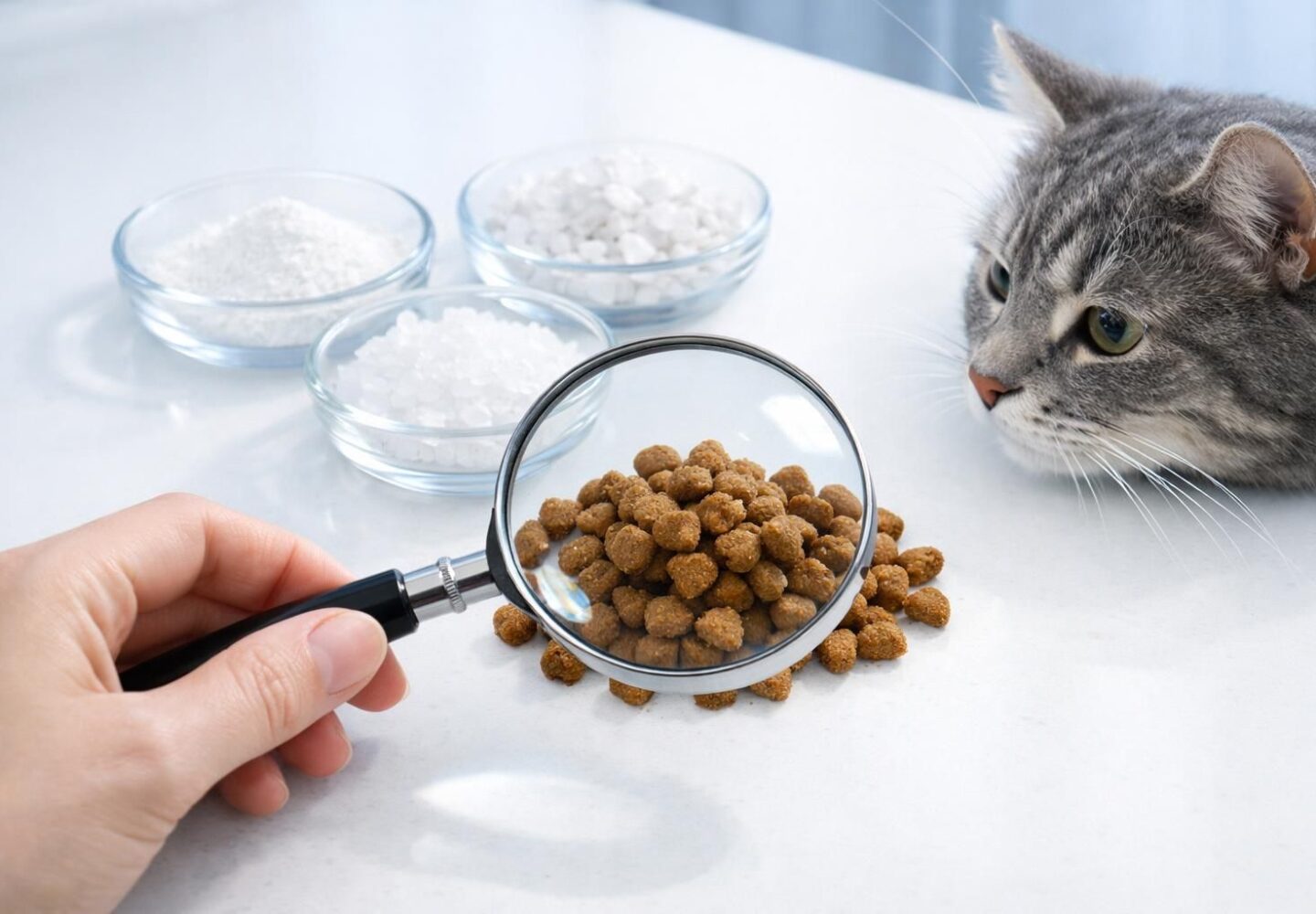 Croquettes pour chat examinées à la loupe à côté de minéraux
