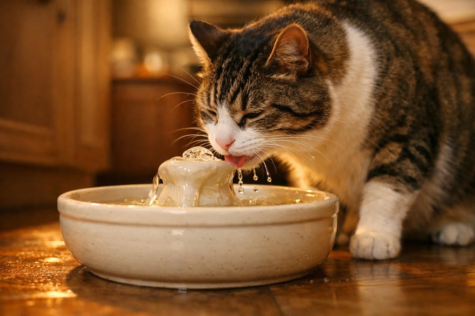 Chat tigré buvant à une fontaine à eau pour bien s'hydrater