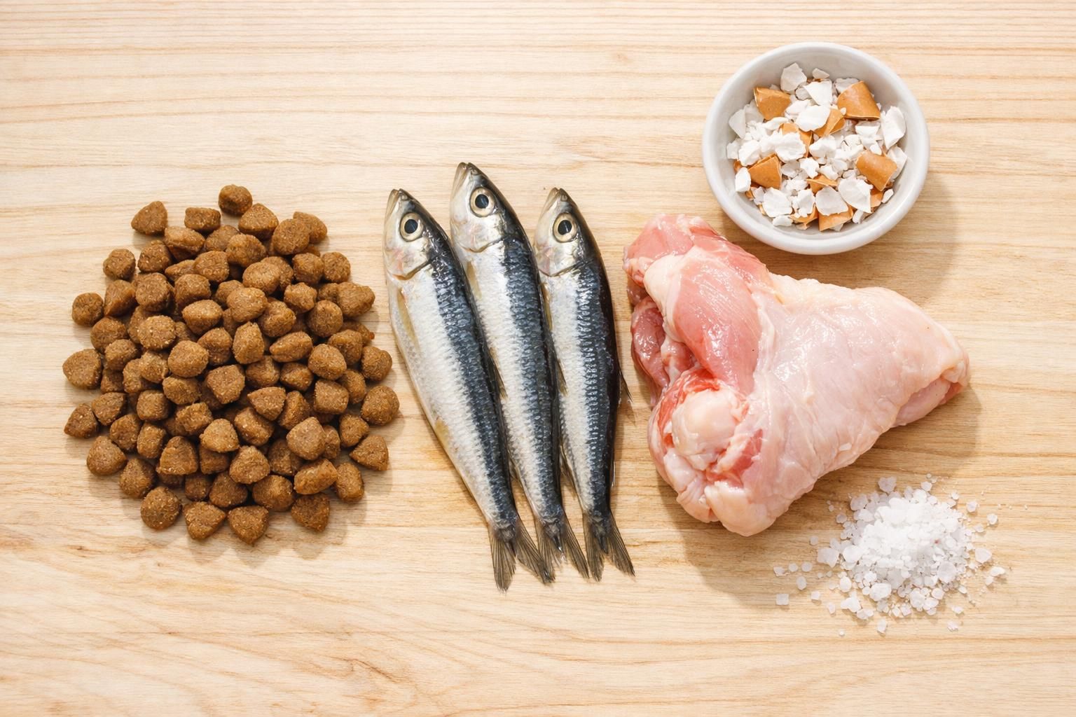 Croquettes pour chat à côté de sardines, poulet avec os et coquille d'œuf
